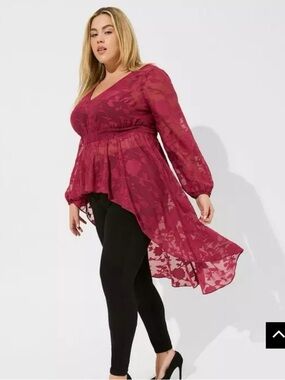 Torrid Flowy Chiffon Clip Floral Hi-Low Top Blouse Wine Burgundy Size 4X